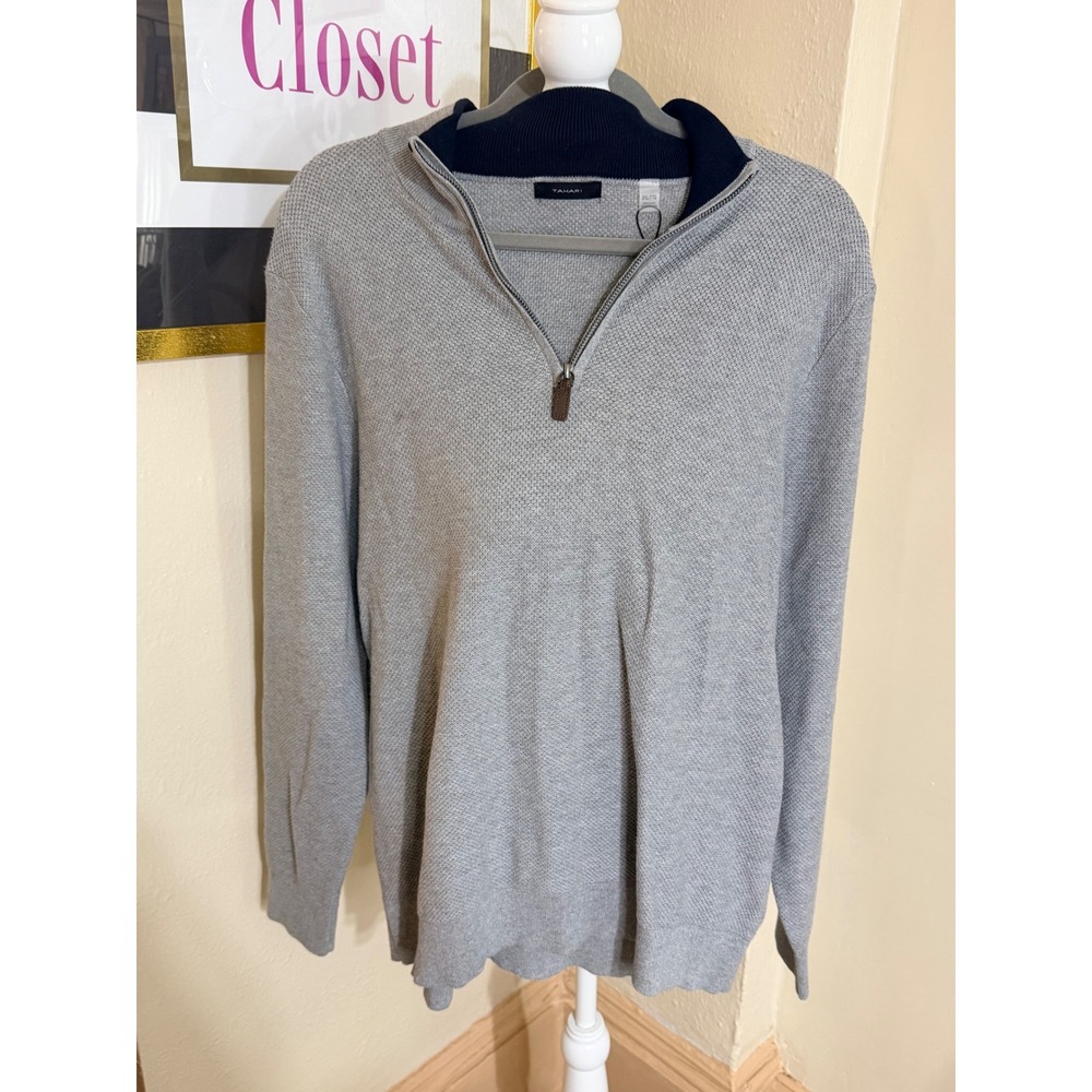 Tahari Mens XXL‎ Quarter Zip Pullover Sweater Grey Heather Navy H506427M NWT
